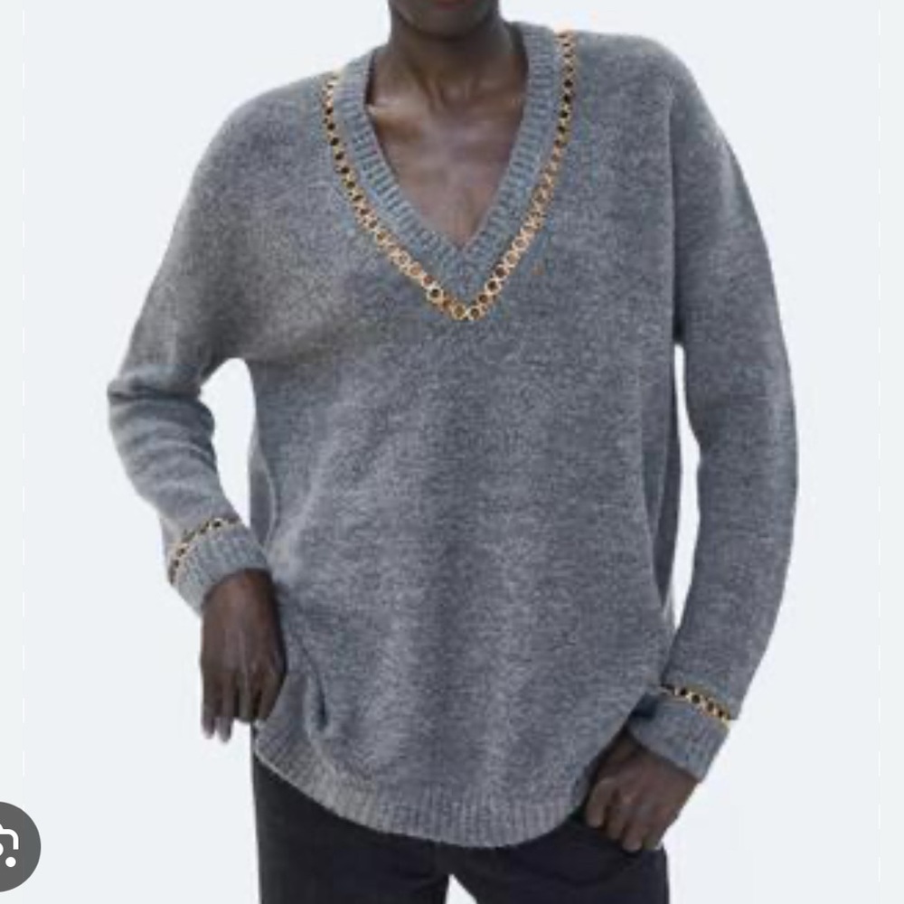 Zara Gray V-Neck Sweater with Gold Trim